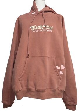 Dandy Worldwide Thank You Hoodie Oversized Brown Graphic Pullover Sweatshirt  M